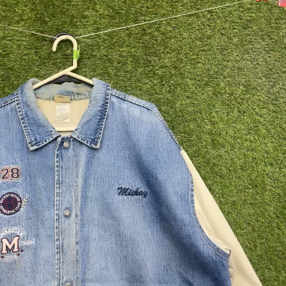 Vintage Disney Denim Varsity Jacket Mens XL Mickey Mouse y2k Canvas Snap Close